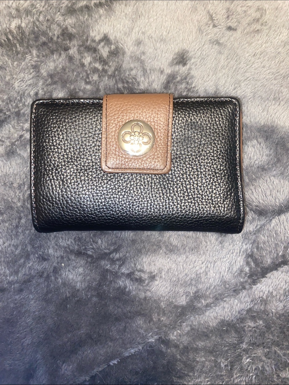 Pebbled Black Genuine Leather Wallet with Brown Snap Accent